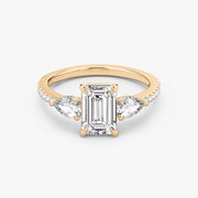 Emerald Cut - Pave Band - Three Stone Ring - 0.25 Ct Side Stone each - 14 K Gold